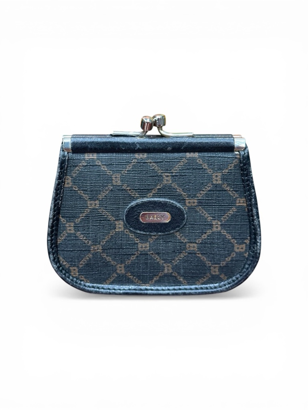 Vintage Bally Kiss Lock Coin Purse Monogram Canvas Mini Wallet Clasp Pouch